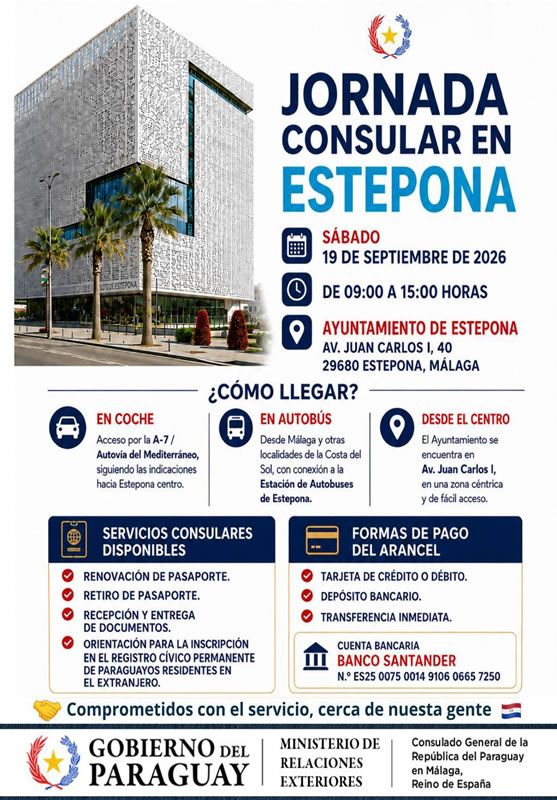 Estepona acogerá el próximo 19 de septiembre una jornada consular de Paraguay para facilitar diversos trámites a la comunidad paraguaya